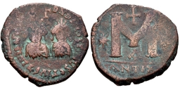 SB129 Justin I and Justinian I. Follis. Antioch (Theoupolis)