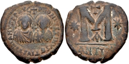 SB130 Justin I and Justinian I. Follis. Antioch (Theoupolis)
