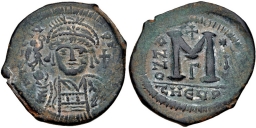 SB378 Justin II. Follis. Antioch (Theoupolis)