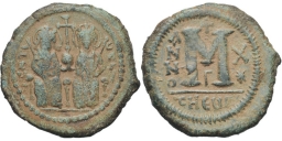 SB379 Justin II. Follis. Antioch (Theoupolis)