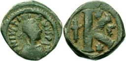 SB164 Justinian I. Half follis (20 nummi). Constantinople